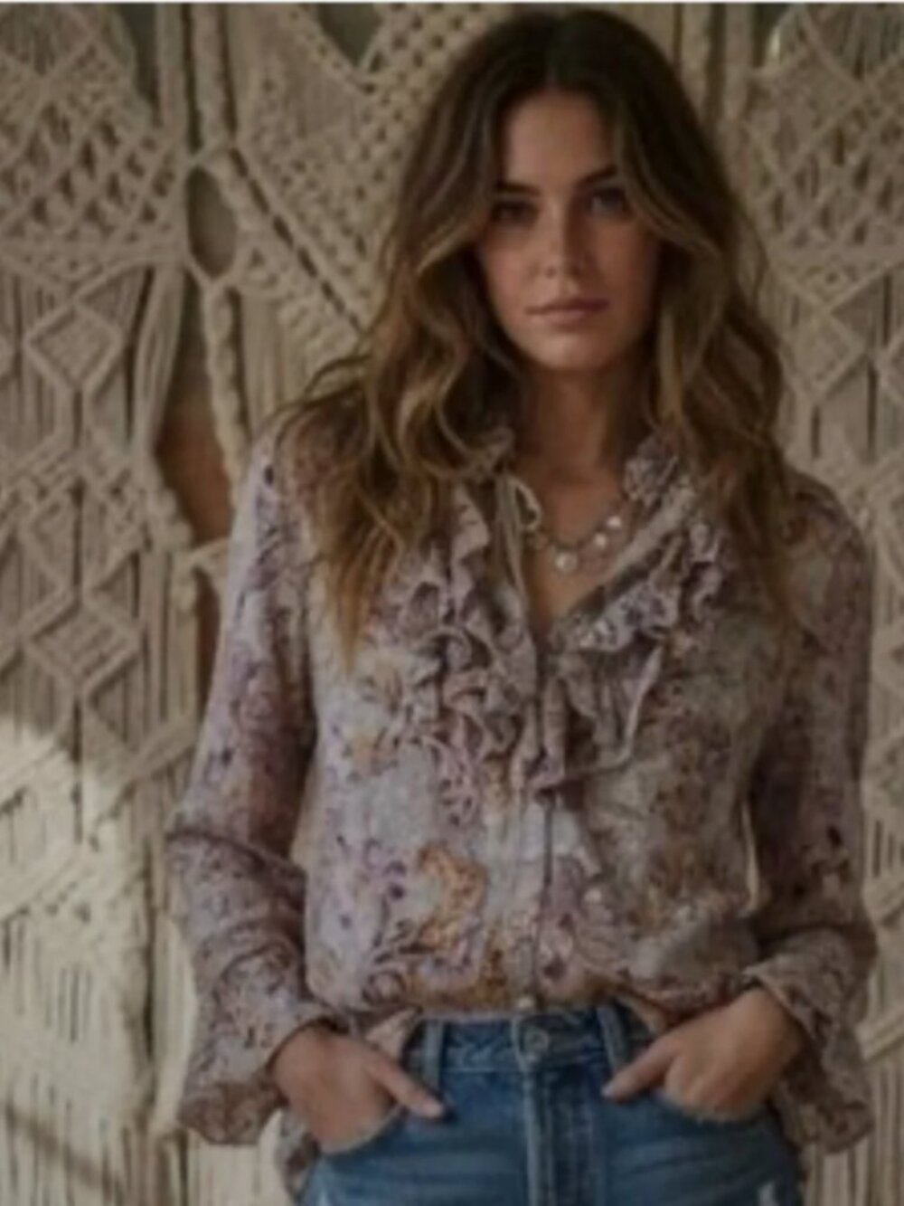 Sundance Cino Floral Crinkle Cotton Blouse XS Ruffle Boho Paisley Lavender